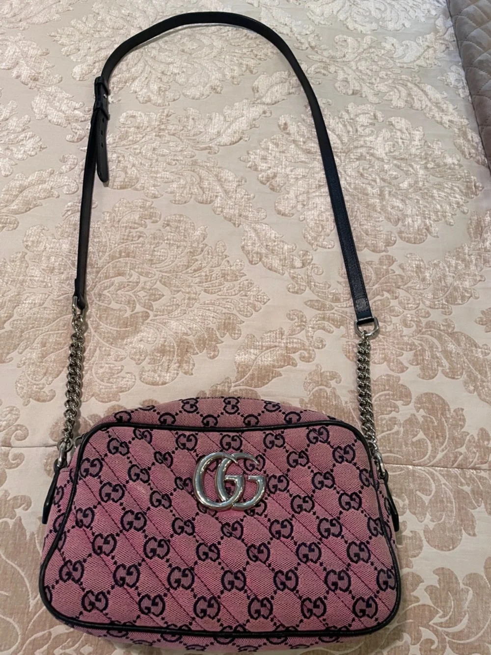 Gucci Pink GG Canvas Crossbody with Black Trim